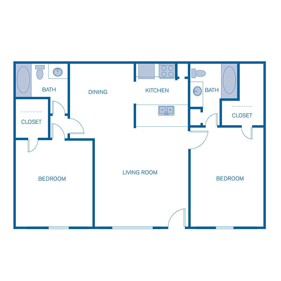 Rendering of the 2B floor plan with 2 bedroom[s] and 2 bathroom[s] at Pavilion Place