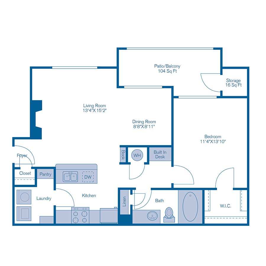 Rendering of the A2 floor plan with 1 bedroom[s] and 1 bathroom[s] at IMT Stoneleigh at Deerfield