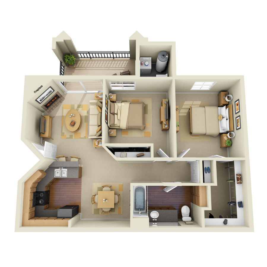 Rendering of the B1 floor plan with 2 bedroom[s] and 1 bathroom[s] at IMT Stevenson Ranch