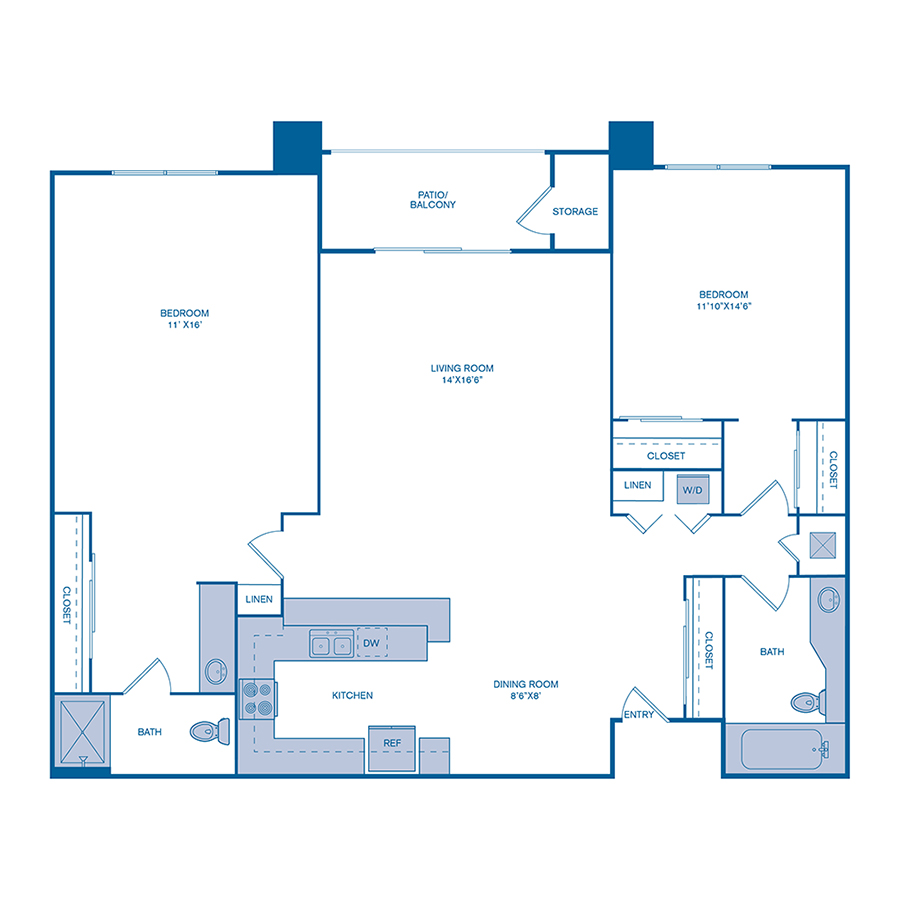 Rendering of the B1 floor plan with 2 bedroom[s] and 2 bathroom[s] at IMT Mission Valley