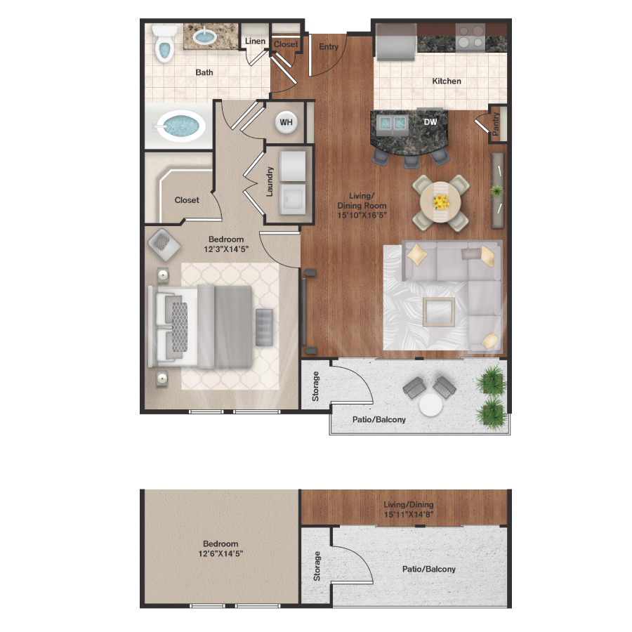 Rendering of the A2 floor plan with 1 bedroom[s] and 1 bathroom[s] at IMT Uptown Post Oak