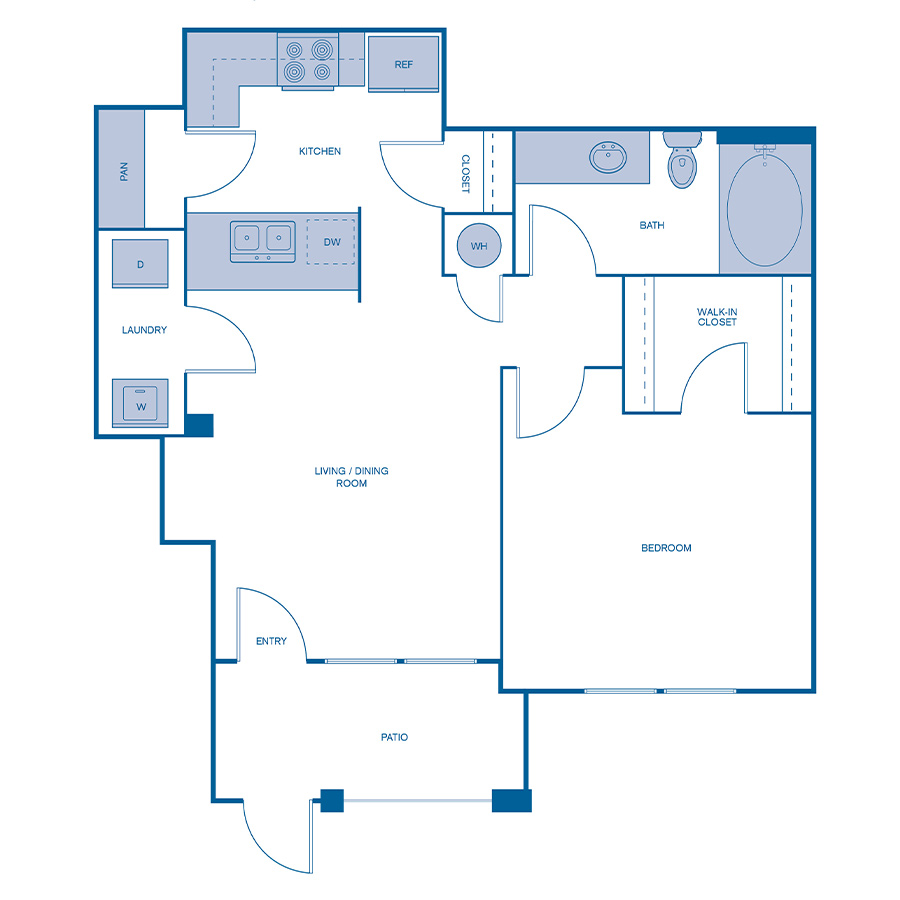 Rendering of the A2 floor plan with 1 bedroom[s] and 1 bathroom[s] at IMT Dayton Station