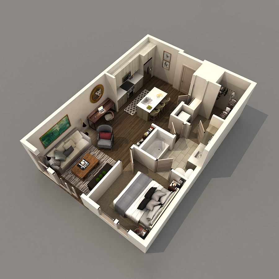 Rendering of the A1 floor plan with 1 bedroom[s] and 1 bathroom[s] at IMT 8 South