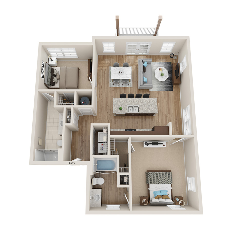 Rendering of the B2 floor plan with 2 bedroom[s] and 2 bathroom[s] at IMT Sonoma Hills