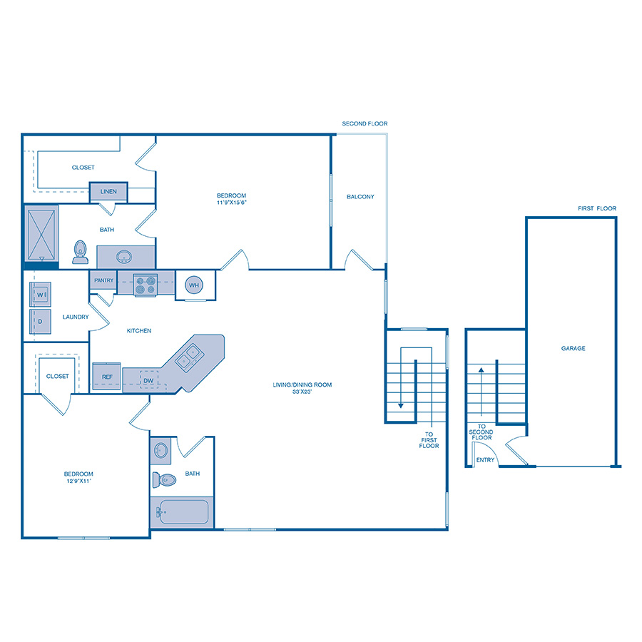 Rendering of the B2 floor plan with 2 bedroom[s] and 2 bathroom[s] at IMT Cinco Ranch