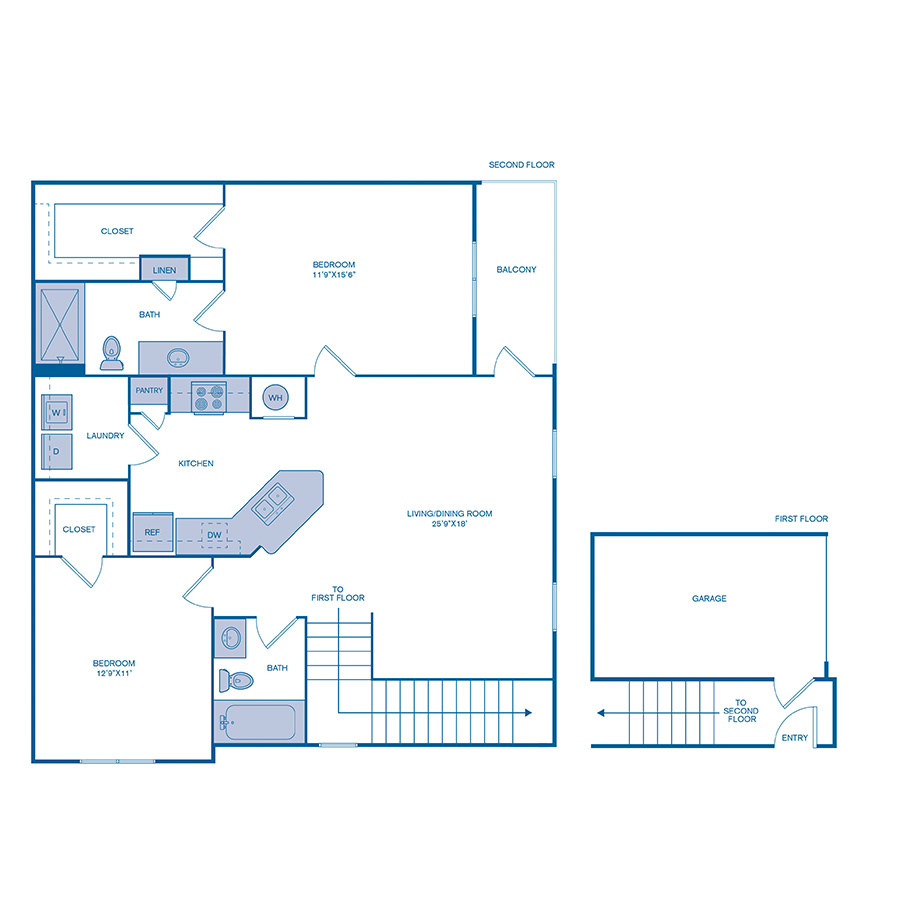 Rendering of the B1 floor plan with 2 bedroom[s] and 2 bathroom[s] at IMT Cinco Ranch