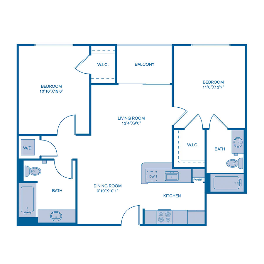 Rendering of the B1 floor plan with 2 bedroom[s] and 2 bathroom[s] at IMT 5700