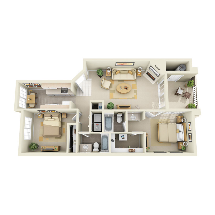 Rendering of the B2 floor plan with 2 bedroom[s] and 2 bathroom[s] at IMT Ahwatukee