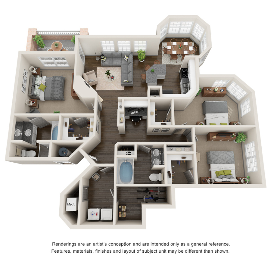 Rendering of the C1UPGRADE floor plan with 3 bedroom[s] and 2 bathroom[s] at IMT Lowry