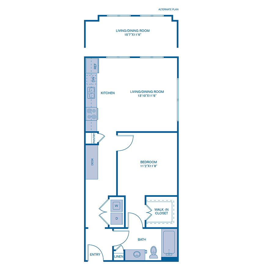 Rendering of the A6 floor plan with 1 bedroom[s] and 1 bathroom[s] at IMT Prestonwood