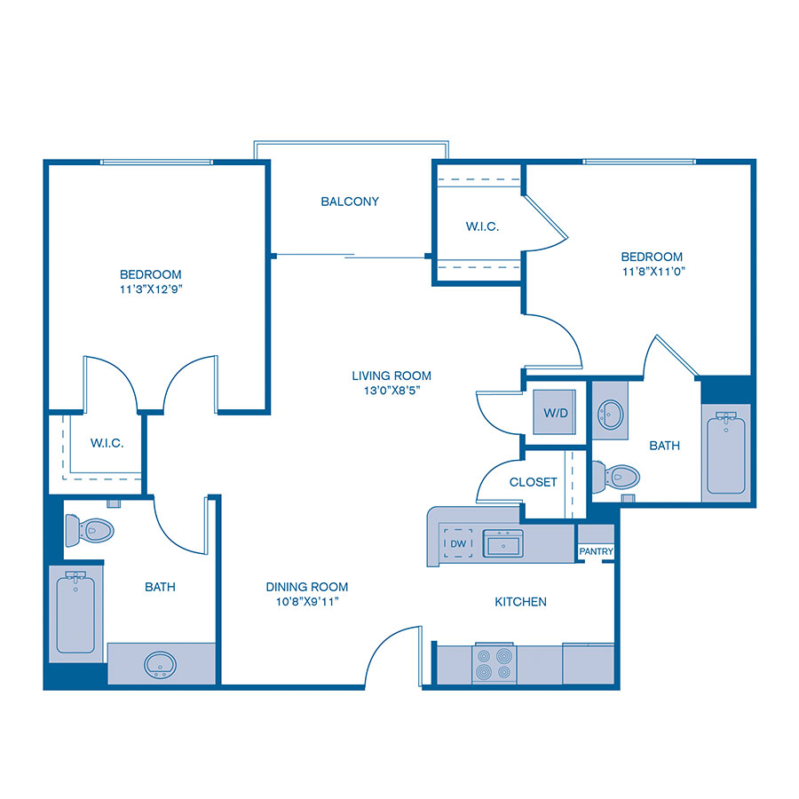 Rendering of the B3 floor plan with 2 bedroom[s] and 2 bathroom[s] at IMT 5700