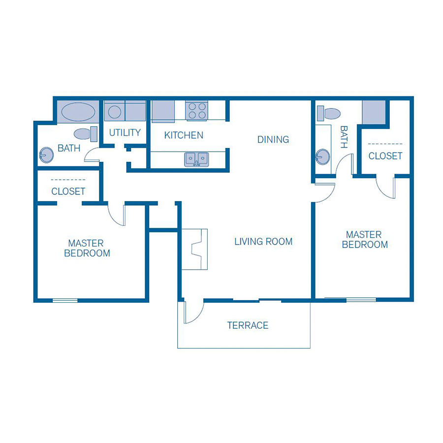 Rendering of the B2 floor plan with 2 bedroom[s] and 2 bathroom[s] at IMT Belasera at Forest Hills