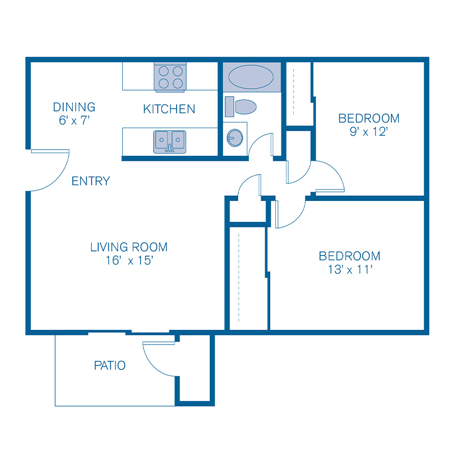 Rendering of the 2A floor plan with 2 bedroom[s] and 1 bathroom[s] at IMT Desert Palm Village