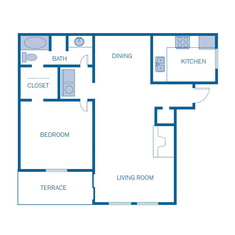 Rendering of the A1 floor plan with 1 bedroom[s] and 1 bathroom[s] at IMT Belasera at Forest Hills