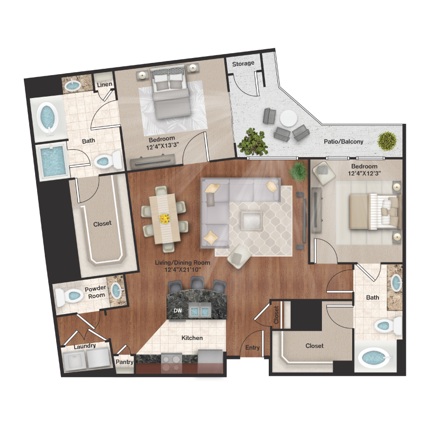 Rendering of the B12 floor plan with 2 bedroom[s] and 2 bathroom[s] at IMT Uptown Post Oak