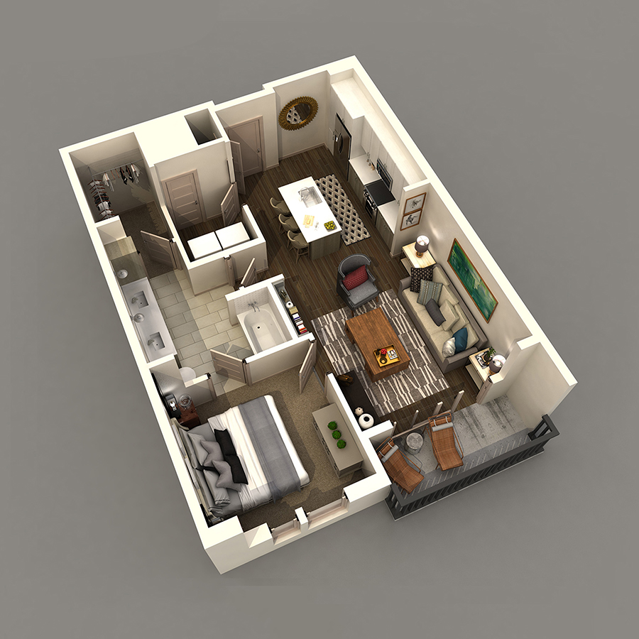 Rendering of the A2 floor plan with 1 bedroom[s] and 1 bathroom[s] at IMT 8 South