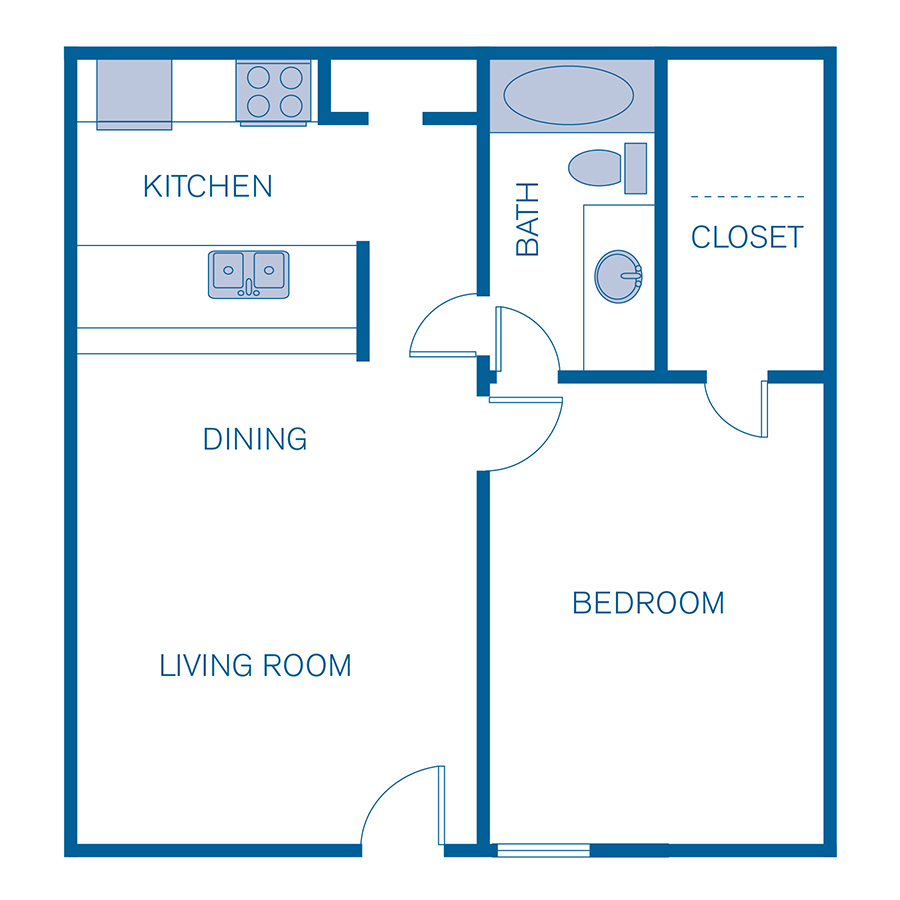 Rendering of the 1A floor plan with 1 bedroom[s] and 1 bathroom[s] at Pavilion Place