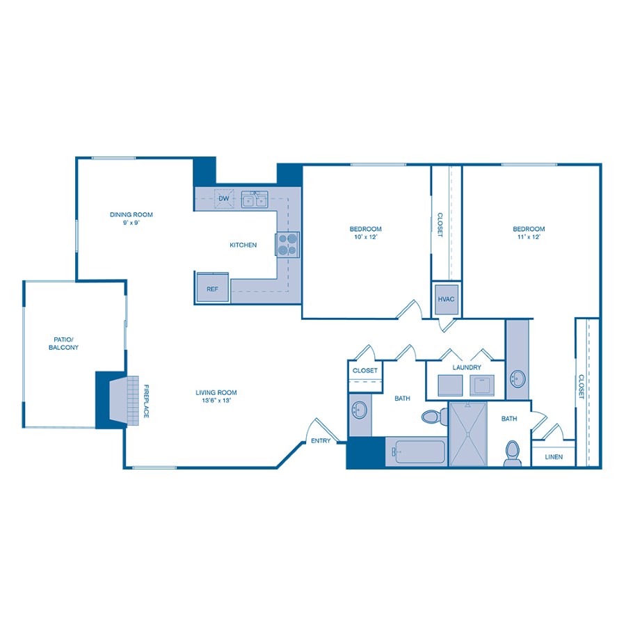 Rendering of the B2 floor plan with 2 bedroom[s] and 2 bathroom[s] at Summerset Village