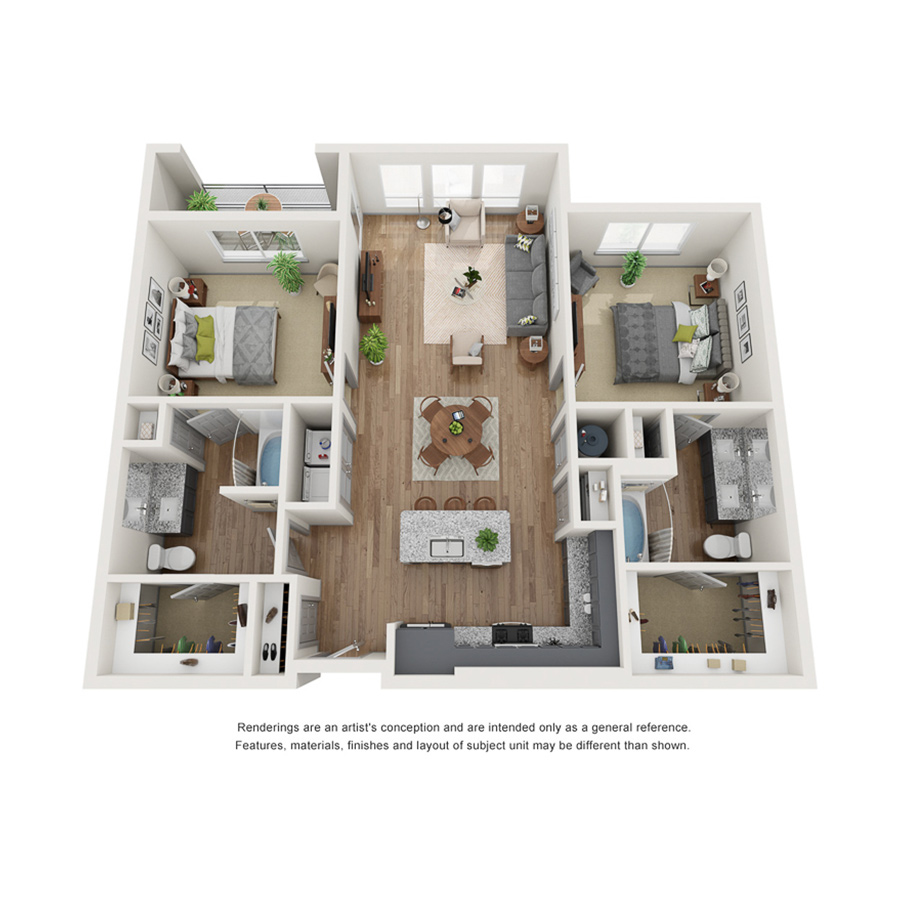 Rendering of the B3 floor plan with 2 bedroom[s] and 2 bathroom[s] at IMT Ballantyne