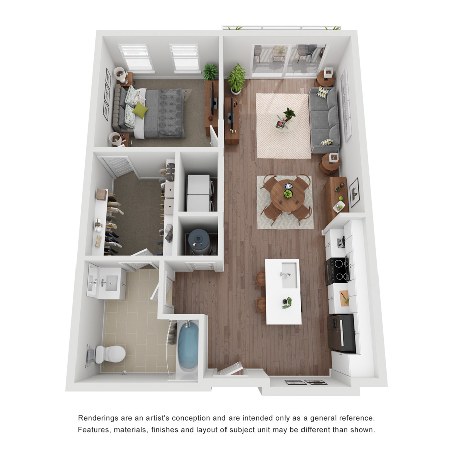 Rendering of the A2 floor plan with 1 bedroom[s] and 1 bathroom[s] at IMT 8 South