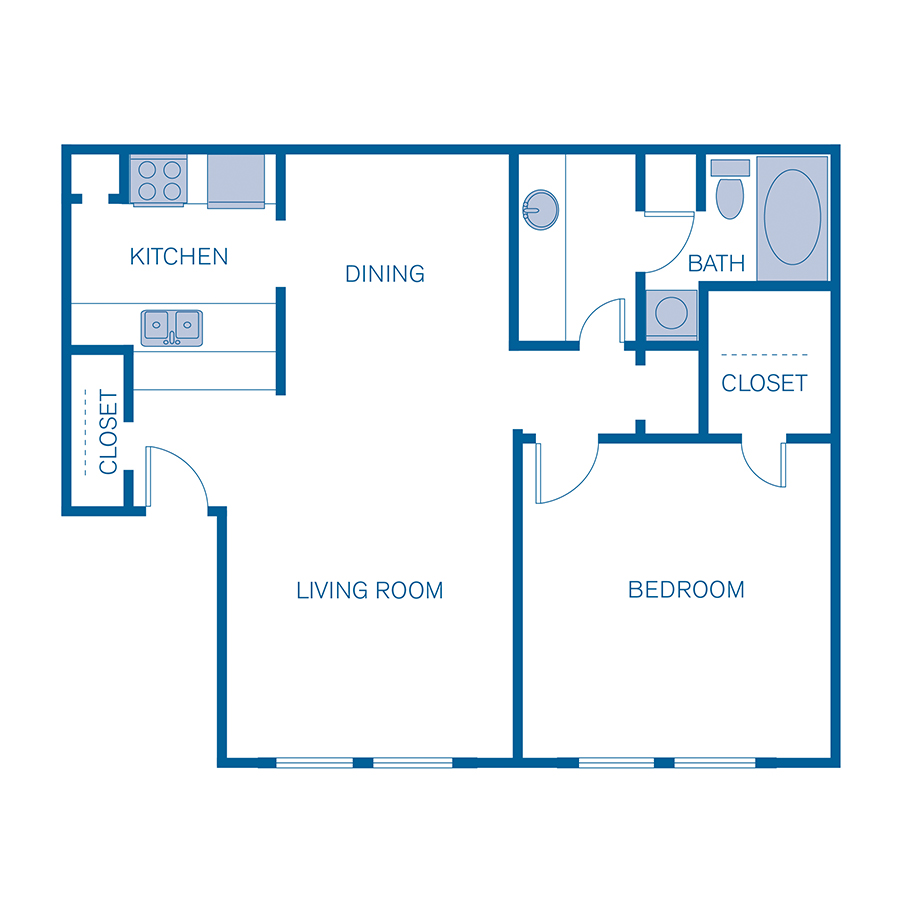 Rendering of the 1B floor plan with 1 bedroom[s] and 1 bathroom[s] at 5401 Chimney Rock