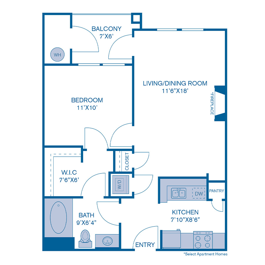 Rendering of the A8 floor plan with 1 bedroom[s] and 1 bathroom[s] at IMT at City Park