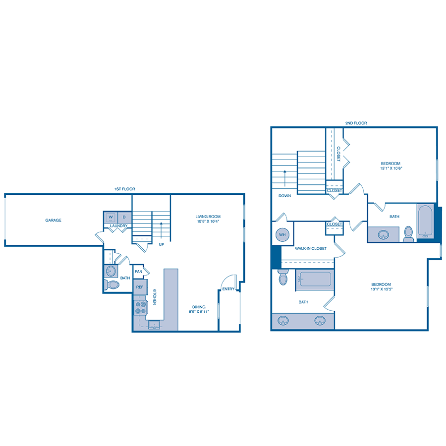 Rendering of the B2 TH floor plan with 2 bedroom[s] and 2.5 bathroom[s] at IMT Gulfstream