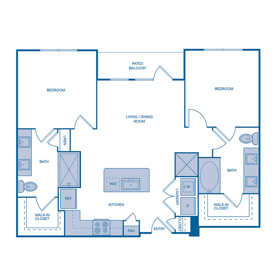 Rendering of the B2 floor plan with 2 bedroom[s] and 2 bathroom[s] at IMT at the Galleria