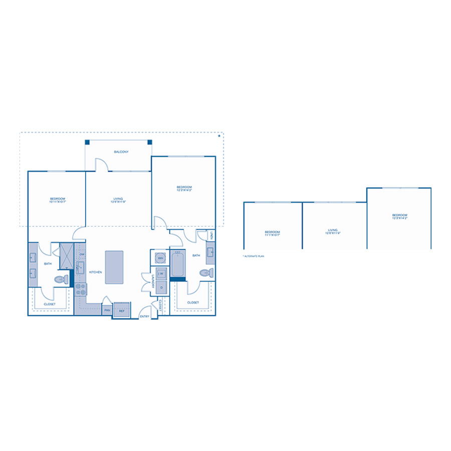 Rendering of the B2 floor plan with 2 bedroom[s] and 2 bathroom[s] at IMT Lake House