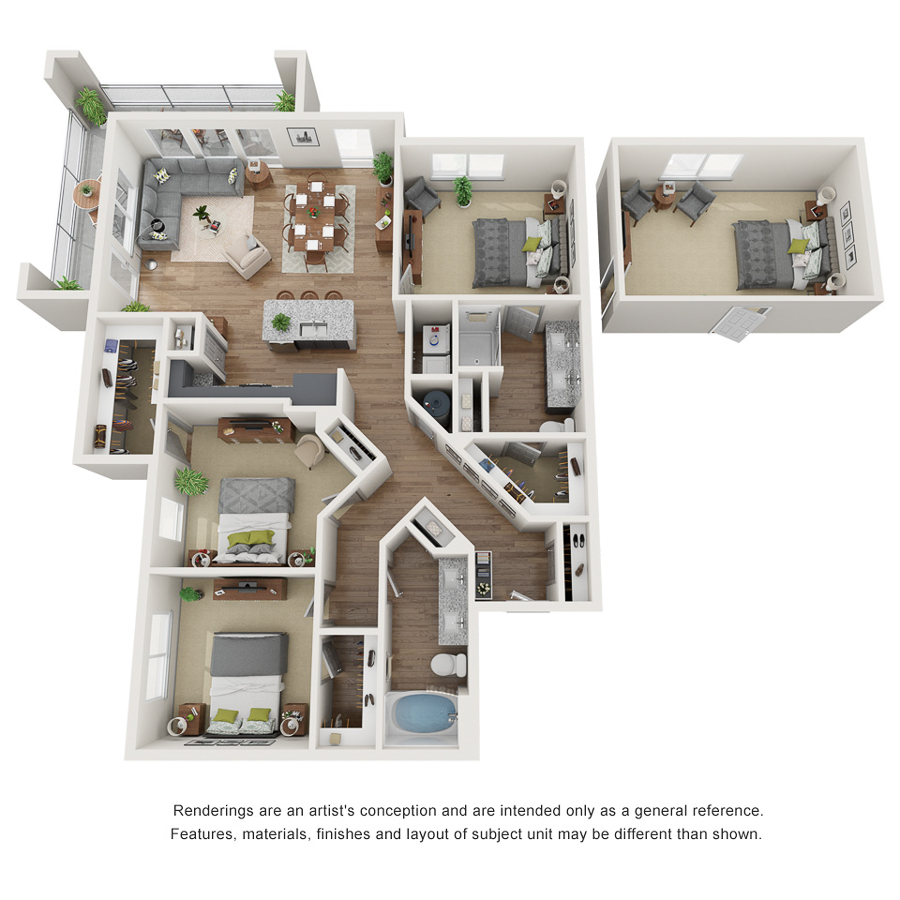 Rendering of the C1 floor plan with 3 bedroom[s] and 2 bathroom[s] at IMT Ballantyne