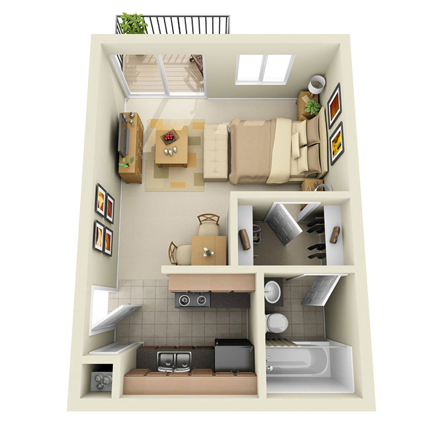Rendering of the E1 floor plan with a Studio bedroom and 1 bathroom[s] at IMT Pleasant Hill
