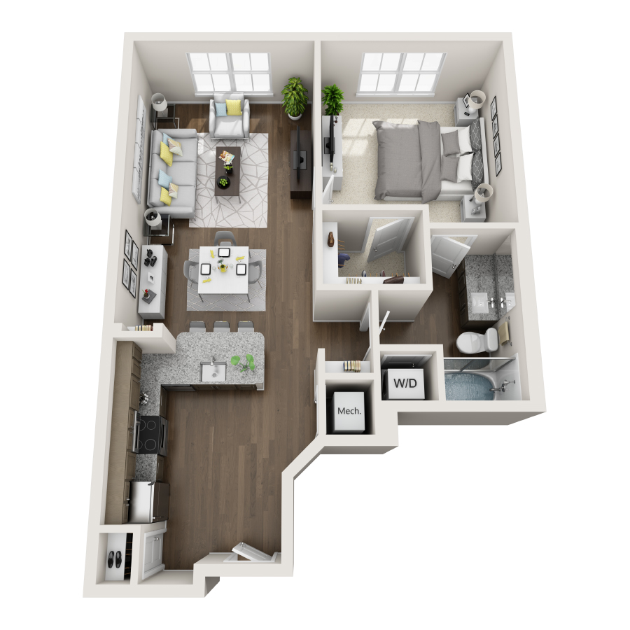 Rendering of the A3 floor plan with 1 bedroom[s] and 1 bathroom[s] at IMT Edgewater