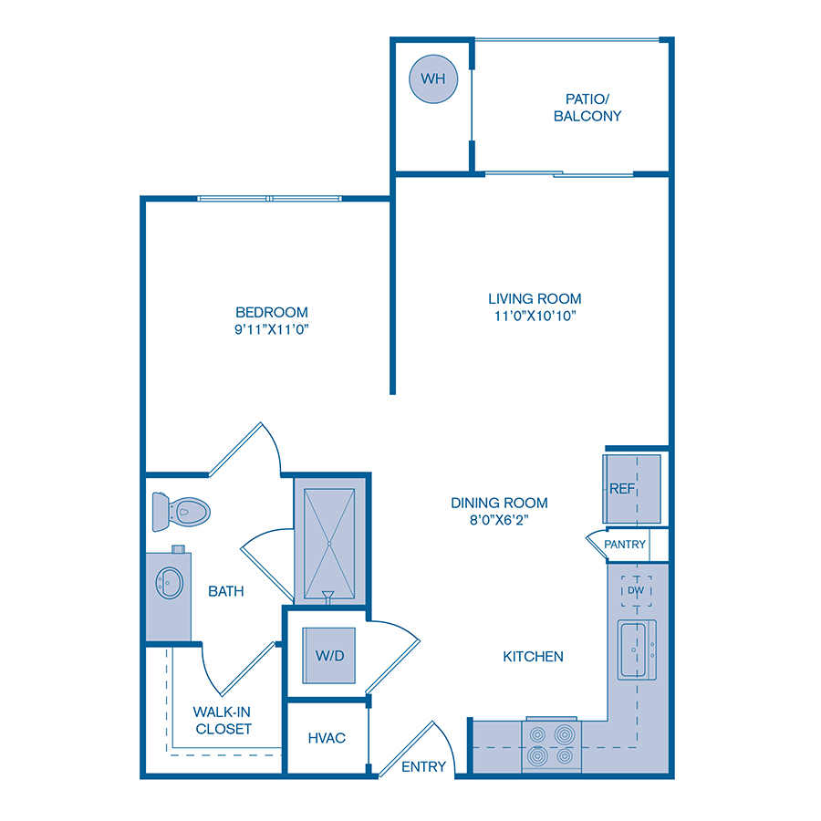 Rendering of the E1 floor plan with a Studio bedroom and 1 bathroom[s] at IMT at RidgeGate