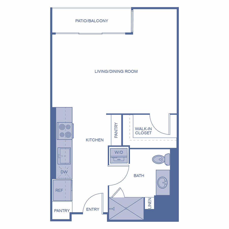 Rendering of the E1 floor plan with a Studio bedroom and 1 bathroom[s] at Citrus Commons