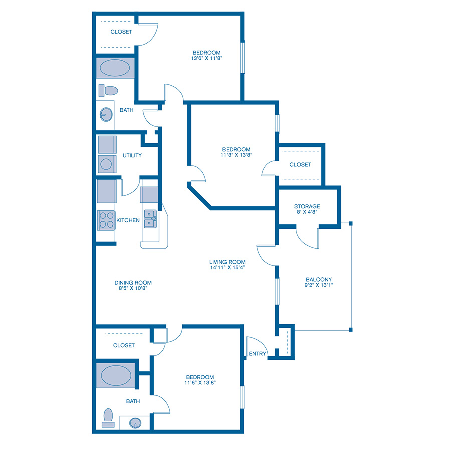 Rendering of the C1 floor plan with 3 bedroom[s] and 2 bathroom[s] at IMT Woodland Meadows