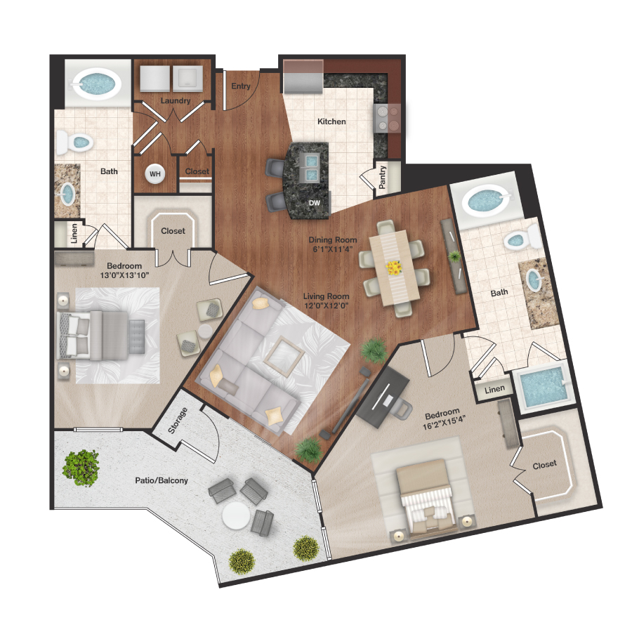 Rendering of the B5 floor plan with 2 bedroom[s] and 2 bathroom[s] at IMT Uptown Post Oak