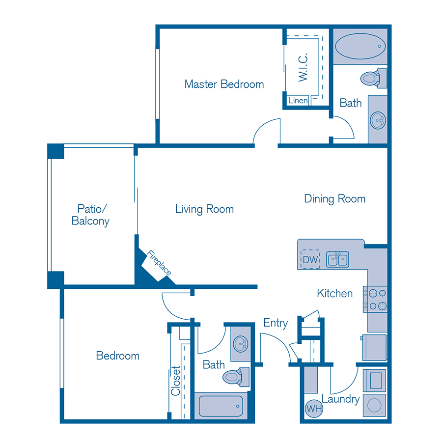Rendering of the B1 floor plan with 2 bedroom[s] and 2 bathroom[s] at IMT Riverview