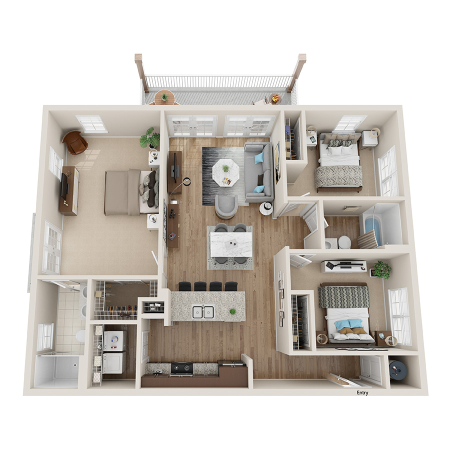 Rendering of the C1 floor plan with 3 bedroom[s] and 2 bathroom[s] at IMT Sonoma Hills