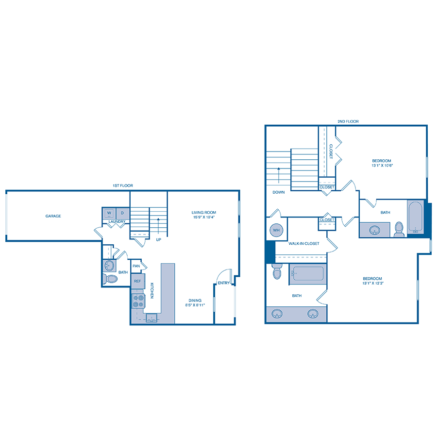 Rendering of the B2 TH UPGRADE floor plan with 2 bedroom[s] and 2.5 bathroom[s] at IMT Gulfstream
