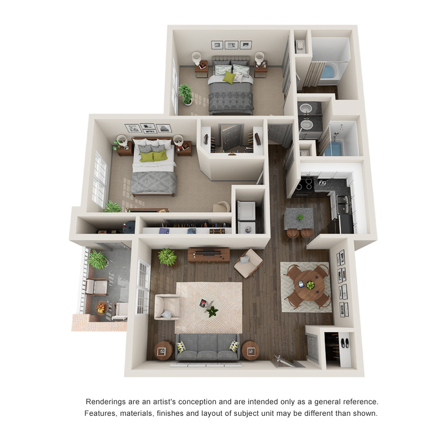 Rendering of the B1UPGRADE floor plan with 2 bedroom[s] and 2 bathroom[s] at IMT Lowry