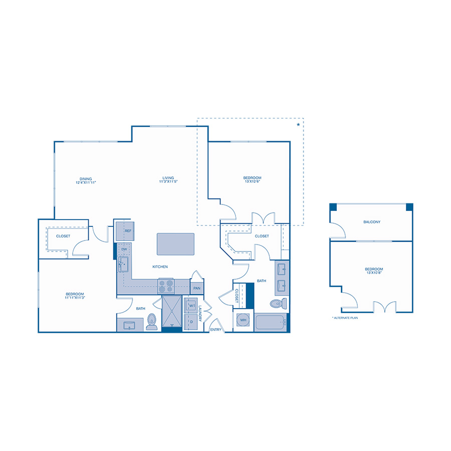 Rendering of the B3 floor plan with 2 bedroom[s] and 2 bathroom[s] at IMT Lake House
