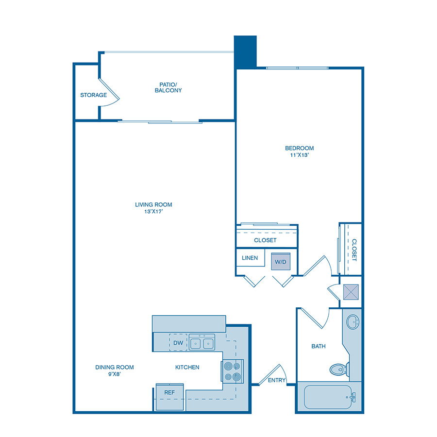Rendering of the A1 floor plan with 1 bedroom[s] and 1 bathroom[s] at IMT Mission Valley