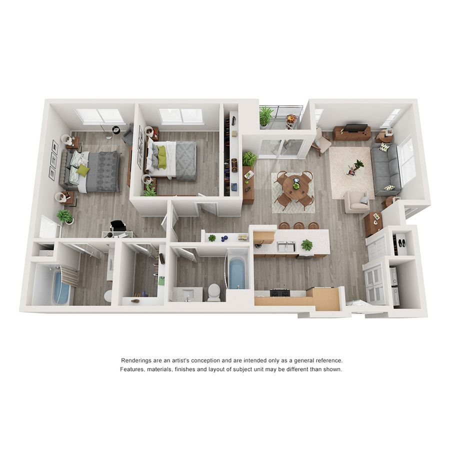 Rendering of the B3 floor plan with 2 bedroom[s] and 2 bathroom[s] at IMT 6500