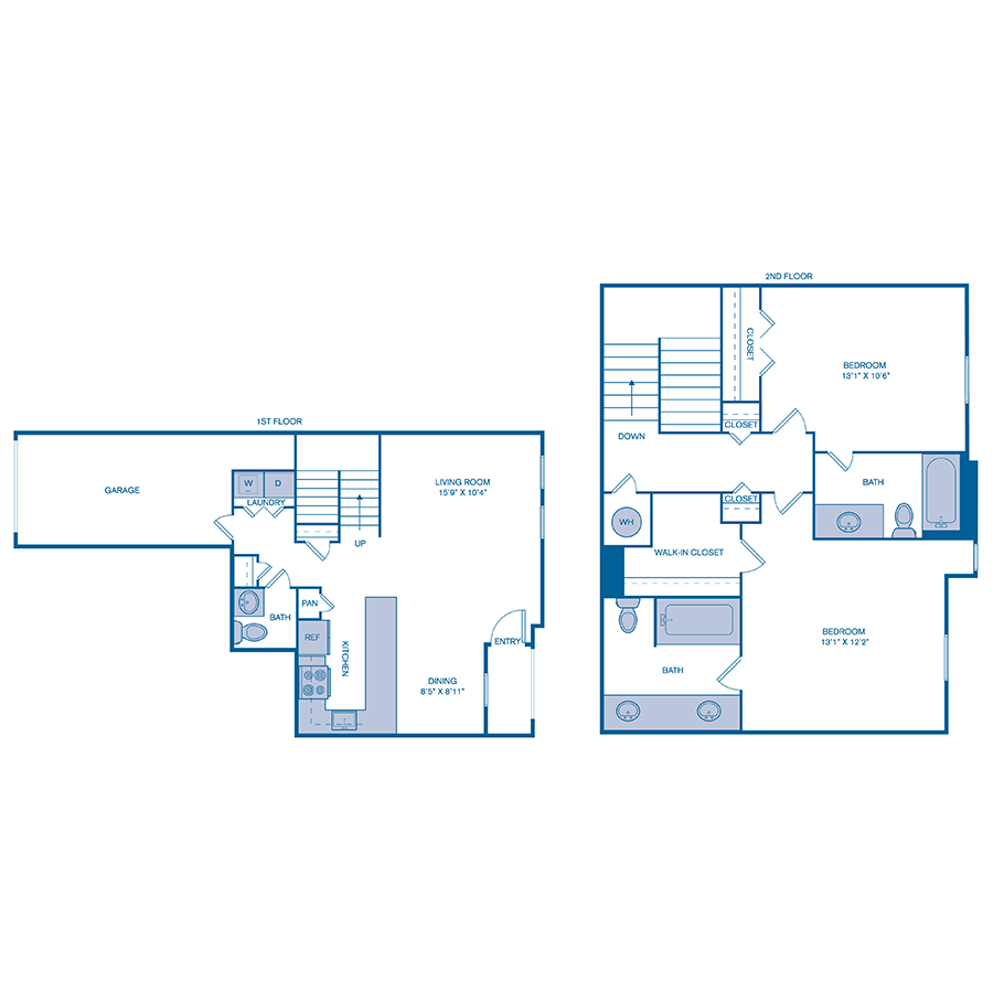 Rendering of the B1 TH floor plan with 2 bedroom[s] and 2.5 bathroom[s] at IMT Gulfstream