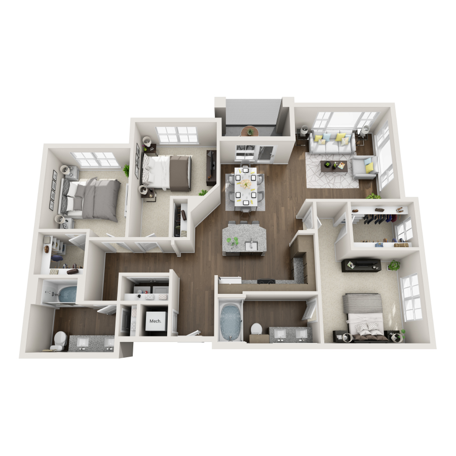 Rendering of the C2 floor plan with 3 bedroom[s] and 2 bathroom[s] at IMT Edgewater