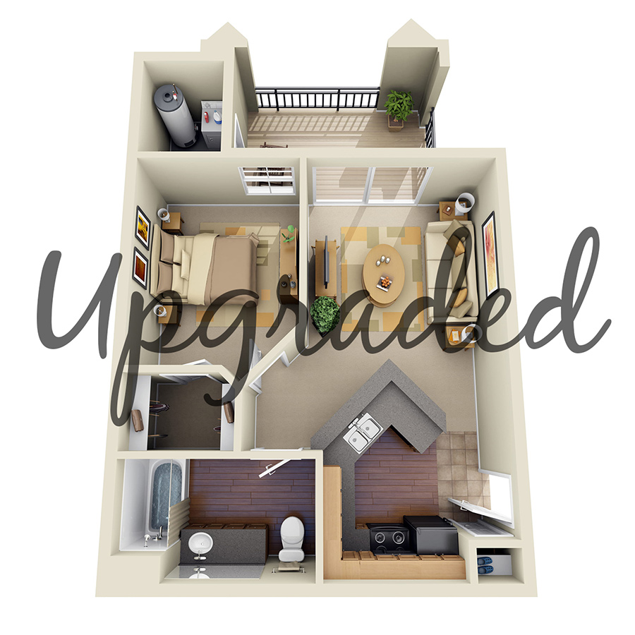 Rendering of the A1 Upgrade floor plan with 1 bedroom[s] and 1 bathroom[s] at IMT Stevenson Ranch