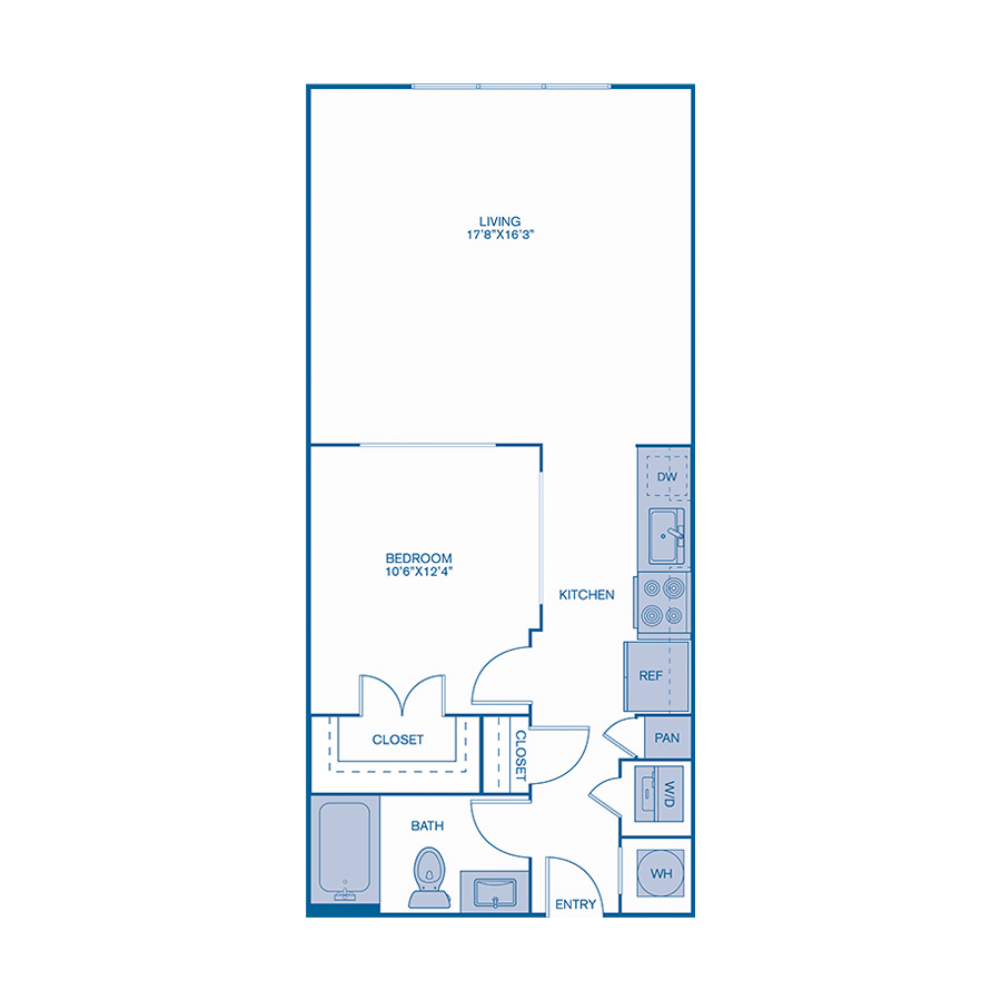 Rendering of the E1 floor plan with a Studio bedroom and 1 bathroom[s] at IMT Lake House