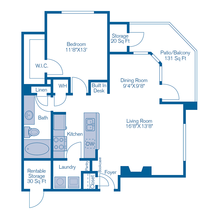 Rendering of the A3 floor plan with 1 bedroom[s] and 1 bathroom[s] at IMT Stoneleigh at Deerfield