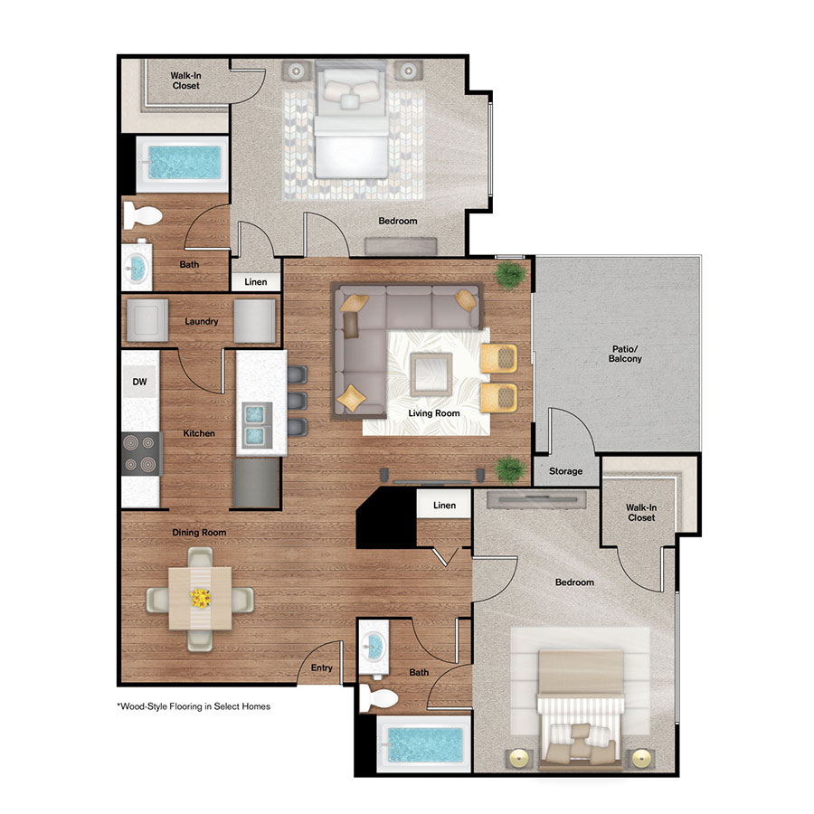 Rendering of the B1 floor plan with 2 bedroom[s] and 2 bathroom[s] at IMT Alpharetta