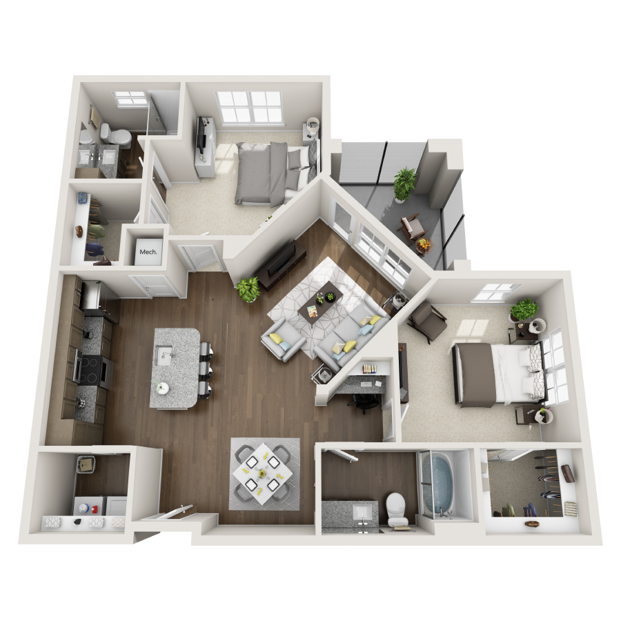 Rendering of the B2 floor plan with 2 bedroom[s] and 2 bathroom[s] at IMT Edgewater
